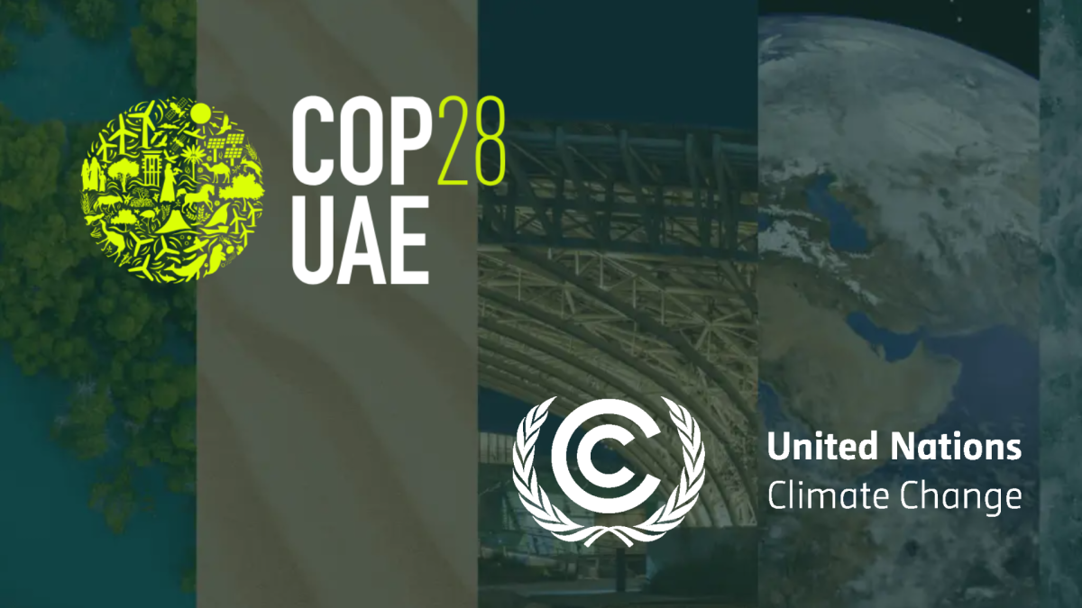 The COP28 logo and the United Nations logo over a faded background of a globe