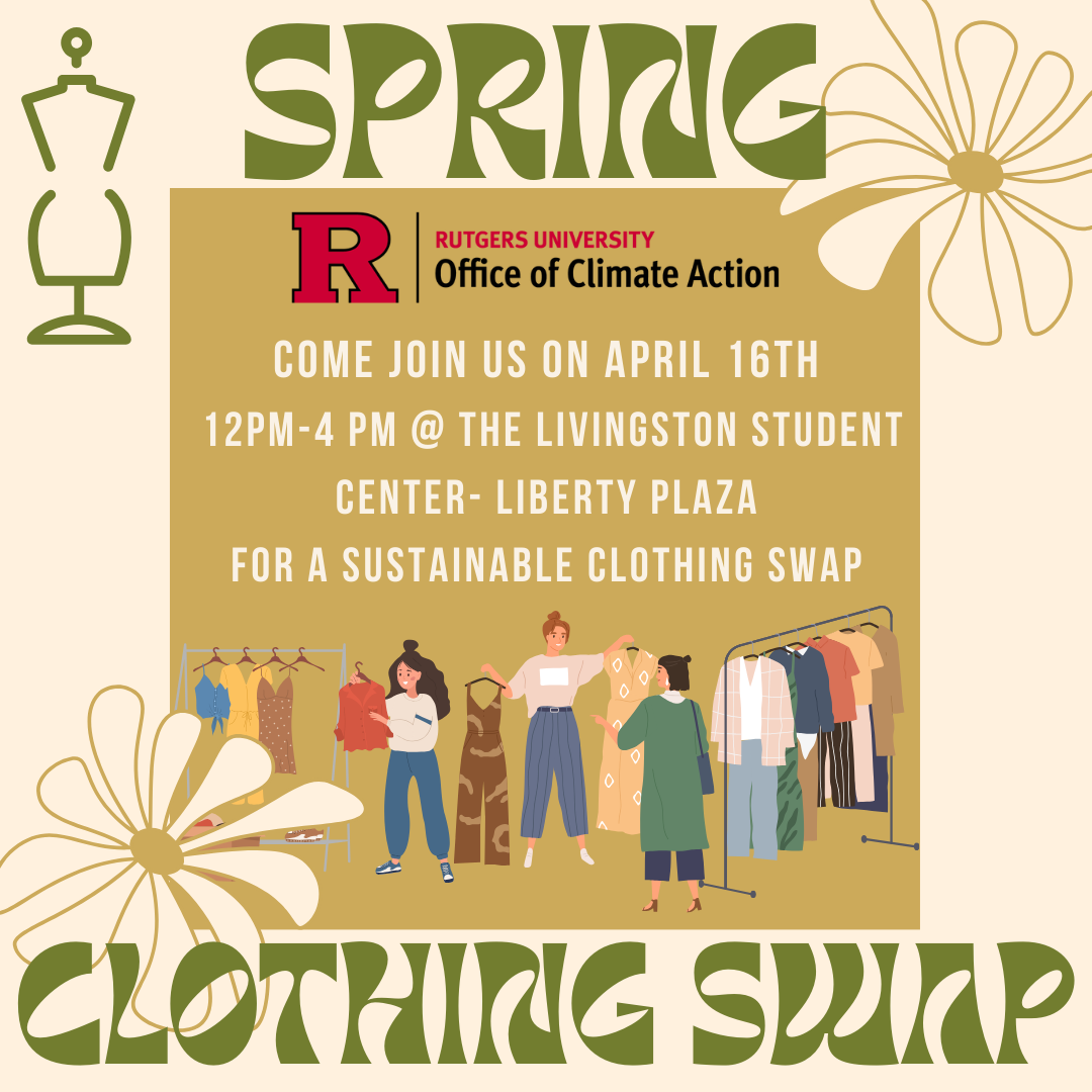 Spring clothing swap flyer, with flowers and cartoon people in a variety of cloths