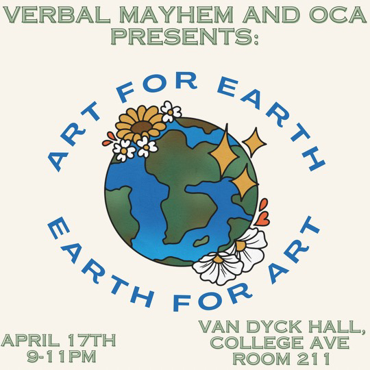 Verbal Mayhem and OCA present: Art for Earth Earth for Art. There is a cartoon globe in the center of the image.